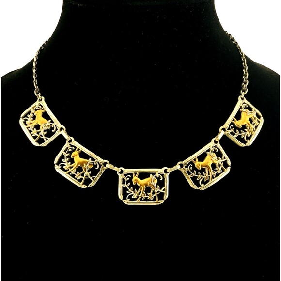 Mixed Metals Necklace Deer Panels Silver Plated n Copper Coro Design 17" Vintage - Picture 1 of 5